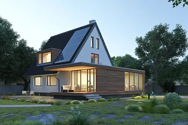 Haus mit Holz- und Stein-Fassade